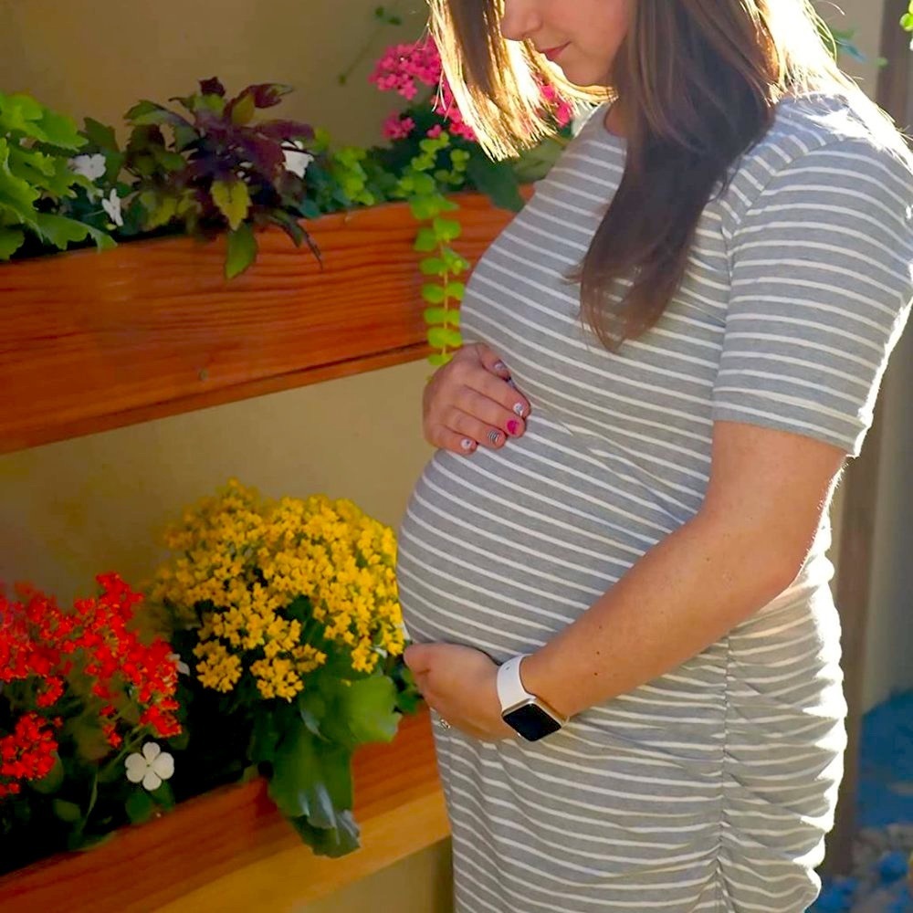 Striped Maternity Bodycon Side Ruch, 3/4 Sleeve Dress - Size Large